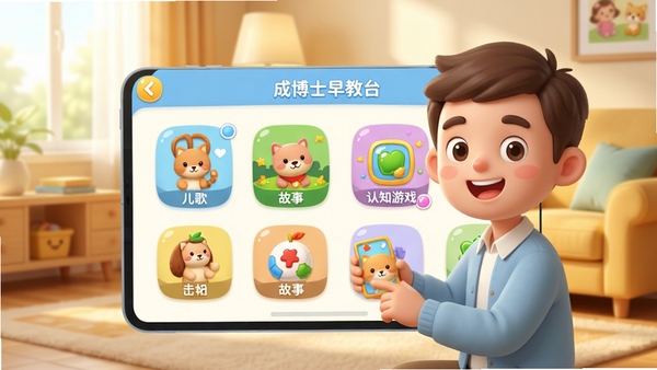 成博士早教平台主界面预览图，展示色彩柔和的儿童教育软件界面，包含儿歌、故事、认知游戏等模块图标，背景为温馨的家庭客厅，卡通风格，明亮光线，高清晰度