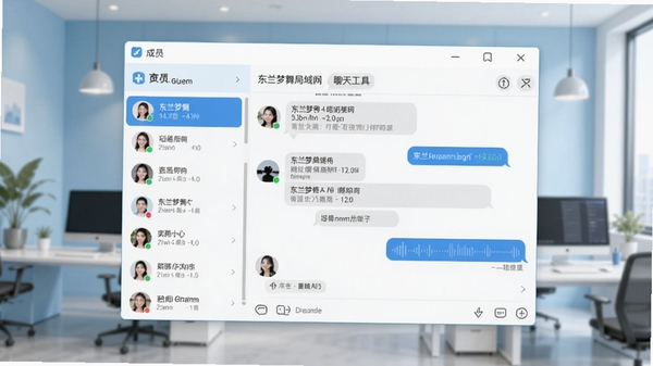 东兰梦舞局域网聊天工具主界面预览图,展示简洁的聊天窗口布局,左侧为成员列表,右侧为对话区域,背景为淡蓝色调的现代办公场景,画面清晰明亮,风格写实