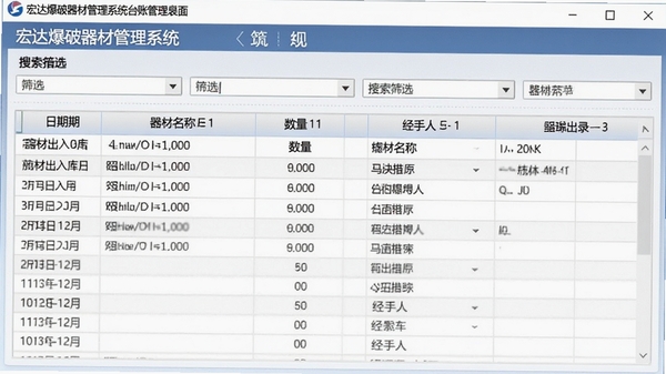 宏达爆破器材管理系统台账管理界面截图，画面显示表格形式的器材出入库记录，包含日期、器材名称、数量、经手人等列，表格上方有搜索筛选条件栏，整体界面简洁明了