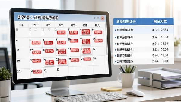 宏达员工证件管理系统到期预警提醒界面，日历视图上标注红色到期标记，列表显示即将到期证件及剩余天数，背景为办公桌面，色调明亮，突出预警功能的重要性
