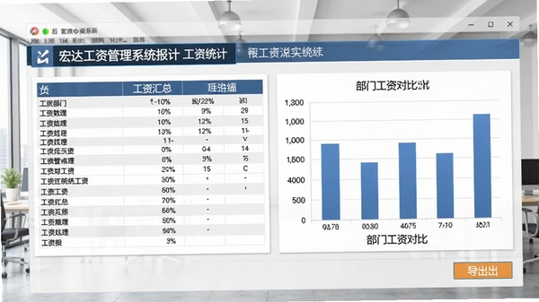 宏达工资管理系统报表页面截图，展示工资汇总统计表和柱状图，背景为明亮的办公室环境，画面包含部门工资对比数据和导出按钮，整体风格商务专业，软件名称出现在报表标题栏
