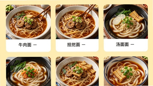 汤面道菜谱列表页面，手机屏幕显示多道汤面菜谱缩略图，包括牛肉面、担担面、乌冬面等，背景为淡黄色，界面简洁，食物图片诱人，突出APP的丰富内容