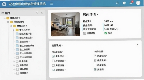 宏达房屋出租信息管理系统房源管理界面截图，左侧为楼栋与房号树状列表，右侧展示房间详情卡片，包含租金定价、押金规则和房屋设施勾选清单，界面采用卡片式布局，色彩清新，信息层级分明