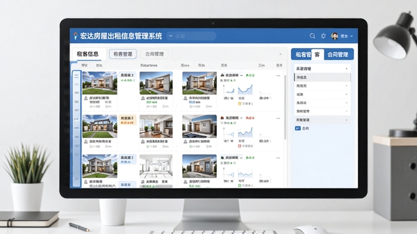 宏达房屋出租信息管理系统主界面预览图，画面展示清晰的房源列表、租客信息栏和合同管理标签页，背景为简约的办公桌面环境，整体色调以蓝白为主，界面布局规整，现代感十足