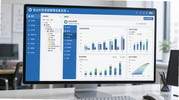 宏达外贸流程管理信息系统主界面预览图，展示清晰的菜单栏、业务导航树和统计仪表盘，背景为办公桌面，整体风格商务简洁，色彩以蓝色和白色为主，体现专业、高效、现代的企业管理软件氛围。