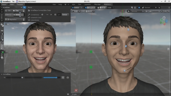 incrediface连接Blender软件的操作界面截图，左侧为incrediface控制面板，右侧为Blender中的角色模型，模型面部表情与左侧捕捉画面同步，界面色调简洁明亮