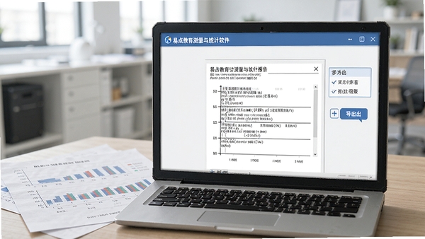 易点教育测量与统计软件的报告生成界面,展示报告预览与导出选项,背景为办公文档,强调实用性