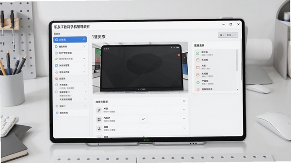 展示乐友IT数码手机管理软件主界面的全景预览图,界面布局清晰,左侧功能列表与右侧内容展示区划分明确,背景为干净的浅灰色工作台,整体风格现代简约,强调软件的管理与组织功能。