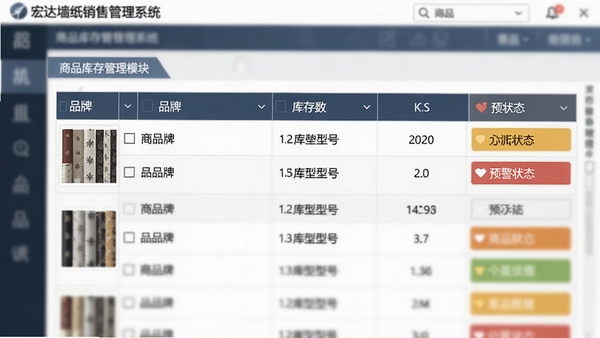 宏达墙纸销售管理系统商品库存管理模块截图风格画面，界面显示墙纸商品列表，包含缩略图、品牌型号、库存数量与预警状态，背景虚化处理，突出数据表格的清晰与整洁，整体色调专业稳重