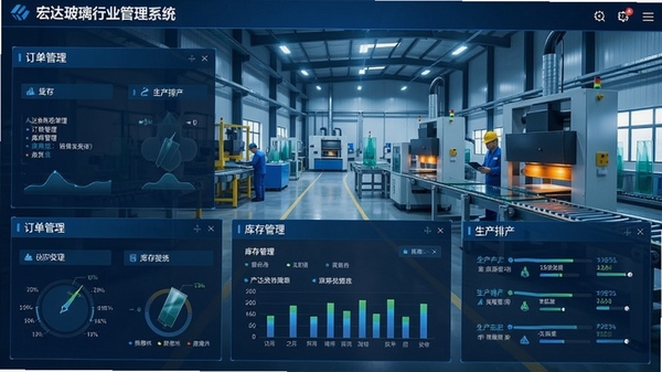 宏达玻璃行业管理系统主界面截图，展示订单管理、库存管理、生产排产等核心功能模块的仪表盘布局，背景为现代玻璃加工车间，整体色调为蓝色科技感风格