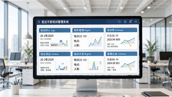 宏达干部培训管理系统的培训计划管理界面截图，画面中展示多个培训项目卡片，包含日期、地点、人数等标签，界面清晰，数据可视化，背景为现代化办公室，明亮色调，写实风格，高细节