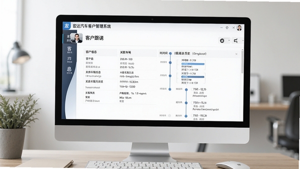 宏达汽车客户管理系统客户跟进界面示意图，画面显示电脑软件中一个客户详情页，包含客户基本信息、关联车辆信息以及时间轴式的跟进历史记录，图表清晰，界面设计简洁专业，适合放入软件介绍文章中。