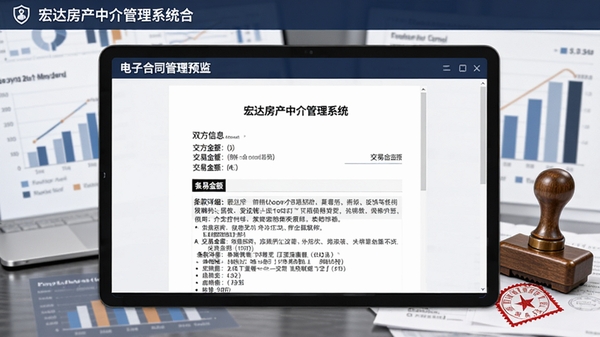 宏达房产中介管理系统合同管理界面，展示电子合同文档预览，包含双方信息、交易金额、条款明细等要素，背景有财务图表和印章元素，整体风格正式商务