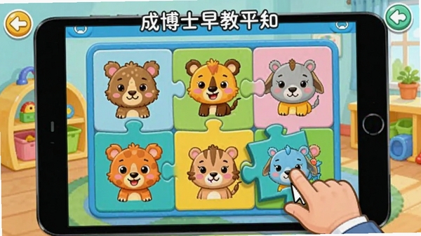 成博士早教平台认知游戏截图，画面中有拼图配对游戏，卡通动物图案，鼠标指针正在拖拽拼图，背景为儿童游戏室，色彩鲜艳，充满童趣