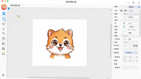 淘淘切图之星主界面截图，展示软件logo、左侧工具栏、中央画布区域及右侧属性面板，整体风格简洁明亮，背景为浅灰色工作台