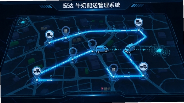 宏达牛奶配送管理系统线路规划功能示意图，画面中展现一张电子地图，上面有多个配送点标记，一条高亮的蓝色最优路线串联各个标记点，旁边有车辆小图标，整体风格科技感十足