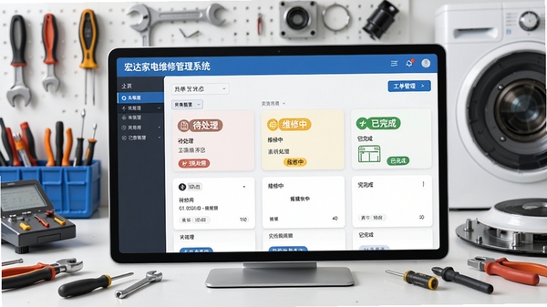 宏达家电维修管理系统工单管理界面，显示不同状态的工单卡片，有待处理、维修中、已完成标签，背景为维修工作台，包含工具和家电部件，画面明亮清晰，商业摄影风格，突出软件界面，细节丰富