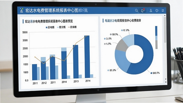 宏达水电费管理系统报表中心图表预览，界面显示柱状图与饼图统计收费数据，配色商务蓝为主，背景简洁明亮