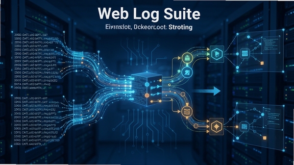 Web Log Suite 日志解析引擎工作示意图，展示大量日志数据被快速扫描、分类和提取的过程，画面以数据流和节点网络形式呈现，背景为蓝色科技感色调，数据节点高亮显示