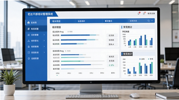宏达干部培训管理系统主界面预览图，画面显示系统后台首页，左侧为功能导航菜单，右侧展示培训项目进度看板与学员统计图表，整体界面采用蓝白配色，简洁清晰，商务风格，背景为办公环境，细节丰富，高分辨率，写实风格