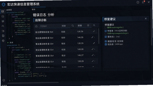 宏达快递信息管理系统错误日志分析界面，显示故障诊断列表与修复建议，背景为深色代码窗口，风格科技感强