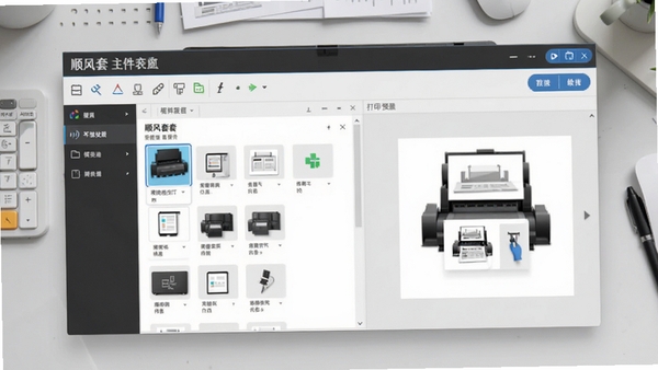 顺风套打软件主界面预览图,展示清晰的工具栏、模板列表和打印预览区域,整体风格简约明了,背景为浅灰色工作台,突出软件名称与核心功能模块