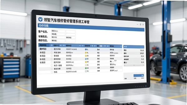 领智汽车维修管理系统工单管理功能展示,电脑屏幕显示一份详细的维修工单,包含客户信息、车辆信息、维修项目列表、配件清单和费用合计,背景是整洁的汽车维修车间,光线充足,画面写实清晰