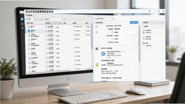 宏达外贸流程管理信息系统客户管理界面示意图，左侧客户列表，右侧展示客户详情和沟通记录，界面清晰，数据排列整齐，背景为办公桌面，展现软件在客户信息整合与跟进方面的便捷性。