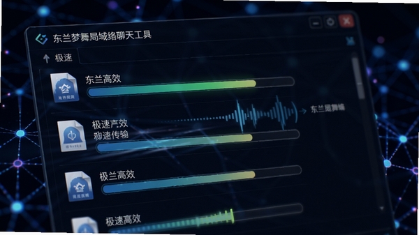 东兰梦舞局域网聊天工具文件传输界面特写,显示多个文件正在高速传输的进度条状态,画面突出极速与高效,背景为科技感十足的深色网络节点图