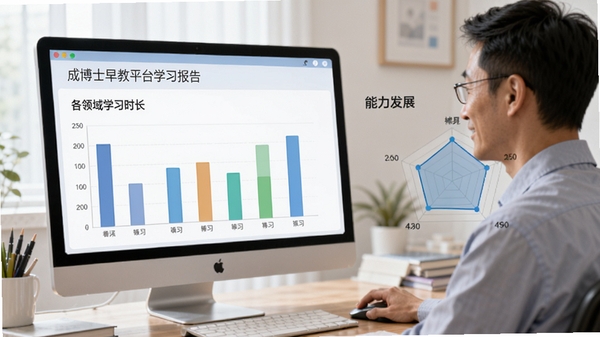 成博士早教平台学习报告页面，柱状图显示各领域学习时长，雷达图展示能力发展，背景为书桌电脑，界面简洁专业，数据可视化清晰