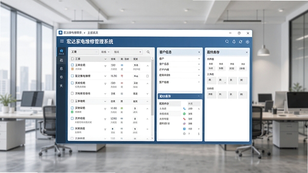 宏达家电维修管理系统主界面截图，展示工单列表、客户信息、配件库存等核心功能模块，界面清晰整洁，背景为现代办公环境，整体风格专业商务，画面中心为软件窗口，四周留白，高细节，4k分辨率
