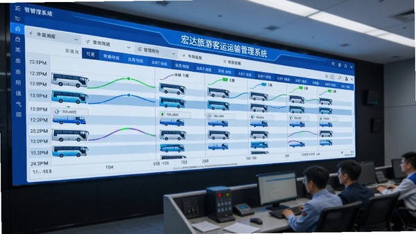 宏达旅游客运运输管理系统调度界面，显示多辆客车的时间轴排班表，背景为调度中心大屏幕，色彩以蓝白为主，突出数据可视化效果