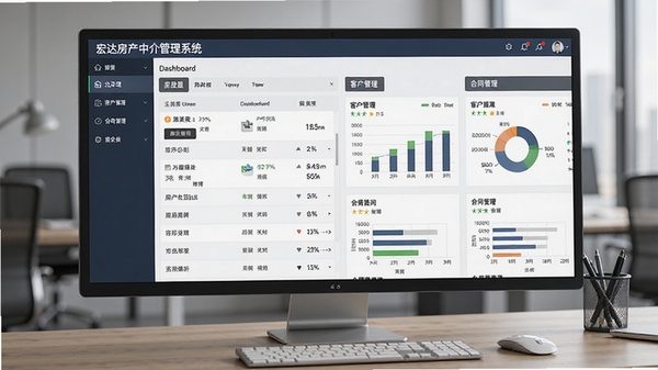 宏达房产中介管理系统主界面截图，展示房源列表、客户管理、合同管理等功能模块的仪表盘布局，界面风格简洁清晰，数据图表直观呈现，背景为办公桌面环境，整体色调专业稳重