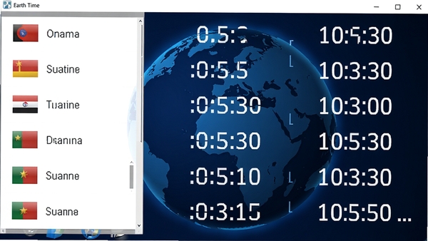 世界时钟(Earth time zone)软件主界面高清截图,左侧显示多个国家城市名称,右侧对应显示不同时区的时间,背景为深蓝色地球图案,界面简洁明亮,时间字体清晰醒目,整体风格现代科技感,桌面软件界面展示
