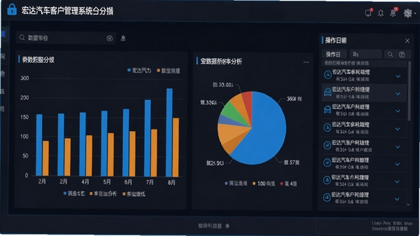 宏达汽车客户管理系统数据报表截图，画面展示一个包含柱状图和饼图的统计分析界面，旁边有操作日志列表，整体风格为深色背景搭配亮色数据展示，强调数据安全和可视化分析，图片质量高，适合用于软件功能介绍。