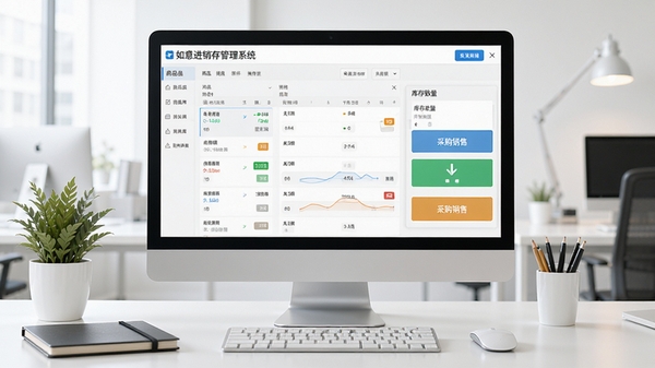 如意进销存管理系统主界面预览图，展示商品列表、库存数量、采购销售按钮，背景为干净的办公室桌面，电脑屏幕显示软件界面，整体风格明亮清晰，细节丰富，适合软件介绍配图