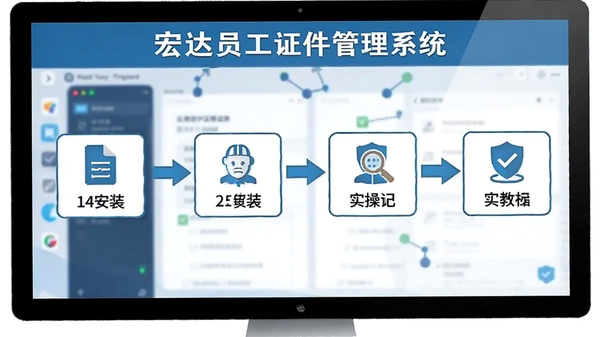 宏达员工证件管理系统使用教程示意图，展示从安装到配置的全过程，背景为电脑屏幕上的操作步骤，色调清晰，强调实操指导