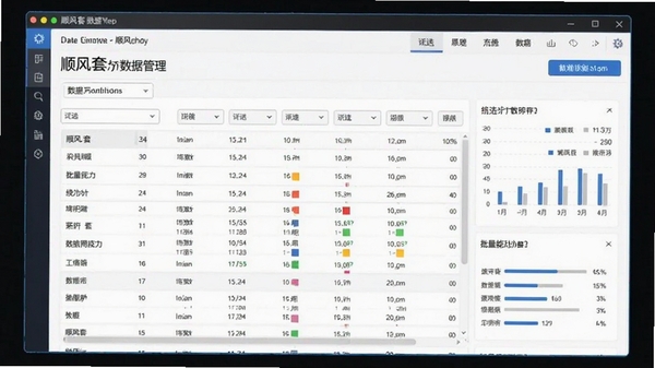 顺风套打数据管理界面,展示数据表格、筛选条件和统计信息,背景为软件窗口,体现数据导入与批量处理能力