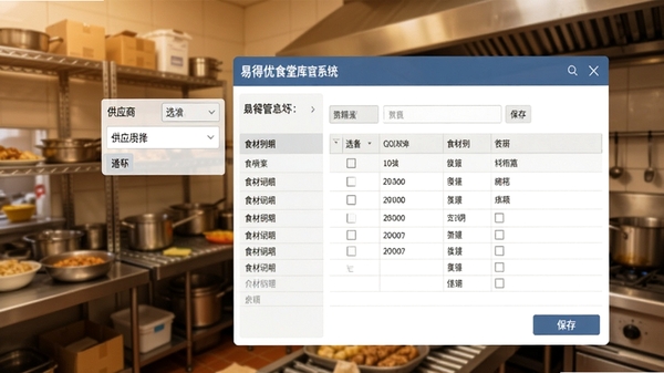 易得优食堂餐厅库管系统的入库操作界面，显示供应商选择、食材明细表格和保存按钮，背景为食堂后厨的货架，画面色调温暖，细节真实