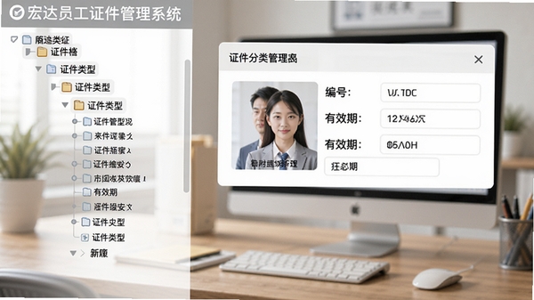 宏达员工证件管理系统证件分类管理界面，左侧为证件类型树状列表，右侧显示证件详情卡片，包含证件照片、编号、有效期等字段，背景为办公桌面，色调柔和，强调信息整理与归档功能