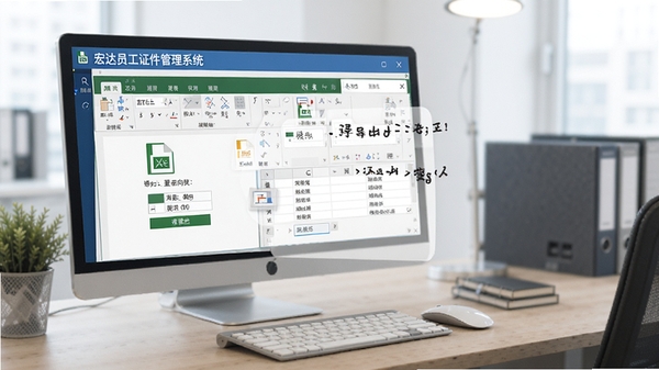 宏达员工证件管理系统批量导入导出操作界面，显示Excel文件导入向导，表格预览数据，背景为办公桌面，色调简洁，突出高效处理大量数据的能力