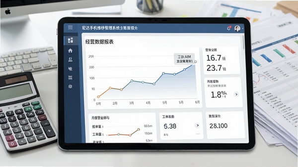 宏达手机维修管理系统经营数据报表界面，展示月度营业额与工单量趋势曲线，背景为办公桌面计算器与报表文件，界面以折线图与数据卡片为主，风格简洁商务。