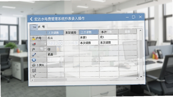 宏达水电费管理系统抄表录入操作界面，显示表格形式的表计读数输入窗口，包含户号、上次读数、本次读数等字段，背景为模糊的办公室场景