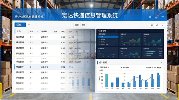 宏达快递信息管理系统主界面预览，展示运单列表、状态看板与统计图表，背景为物流仓库场景，整体色调为蓝白搭配，画面清晰明亮，软件名称显示在界面顶部