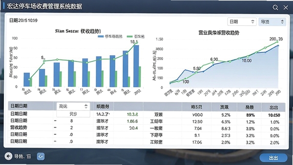 宏达停车场收费管理系统数据报表界面，展示柱状图与表格结合的营收趋势，包含日期选择器和导出按钮，界面整洁，数据清晰，比例16:9