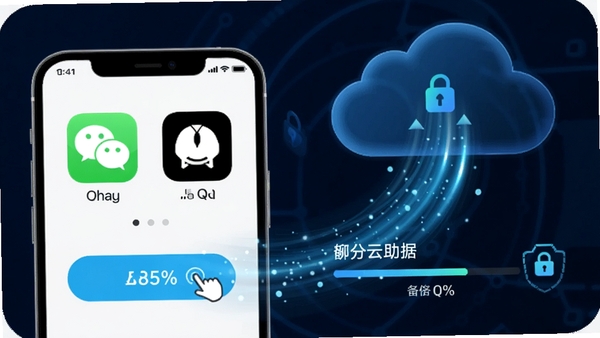 聊天记录备份云助手一键备份功能示意图，手机屏幕中显示微信和QQ图标，点击备份按钮后数据以流光形式上传至云端，背景为深蓝色科技风格，突出快速与安全，界面带有进度百分比和加密锁标识。