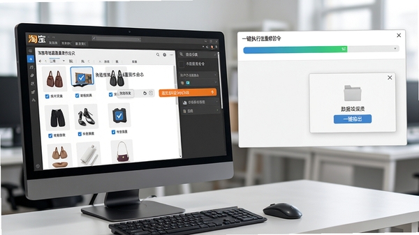 淘宝导购器批量操作演示，电脑界面显示多个商品列表被勾选，一键执行批量修改命令，背景有数据导出进度条和文件保存窗口，整体风格写实，突出高效办公场景