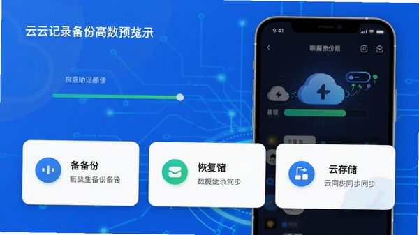 聊天记录备份云助手主界面预览图，展示备份、恢复、云存储三大核心功能卡片，背景为渐蓝色科技感界面，手机屏幕中显示聊天记录备份进度条，数据云同步动画效果，整体风格简洁明亮，突出安全与高效。