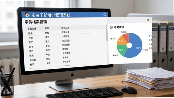 宏达干部培训管理系统学员档案管理页面，展示学员信息列表，包含姓名、单位、培训记录等字段，右侧显示考勤统计饼状图，界面简洁，数据清晰，背景为办公桌面，有电脑和文件，写实风格，细节丰富