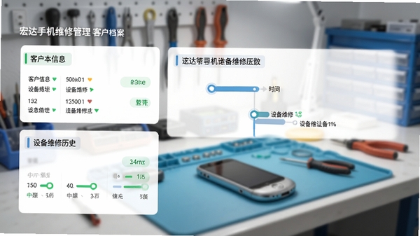 宏达手机维修管理系统客户档案详情界面，展示客户基本信息与设备维修历史时间线，界面采用卡片式布局，配有清晰的进度状态图标，背景为模糊的维修工作台，营造专业服务场景。